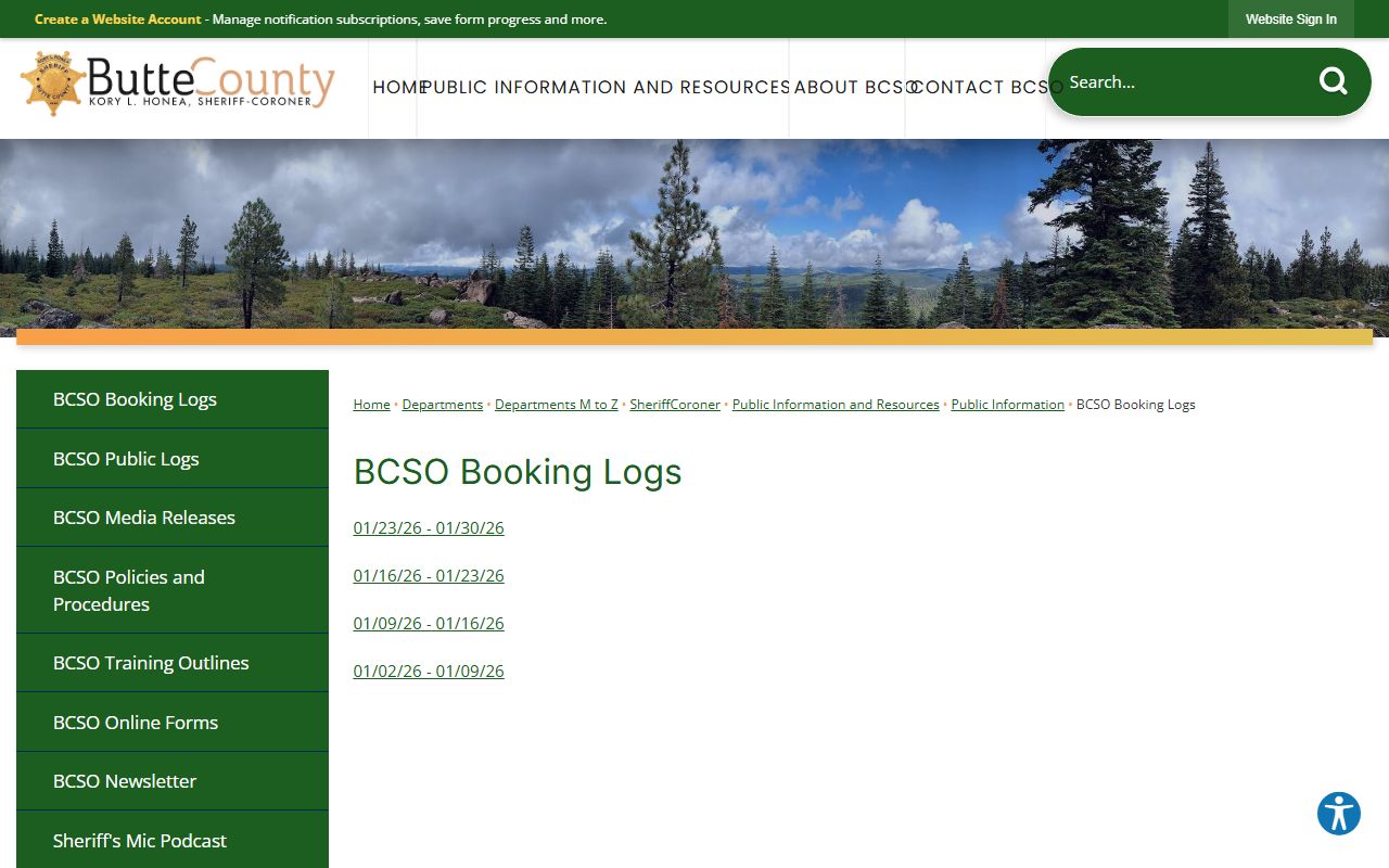 Butte County Sheriff booking logs page