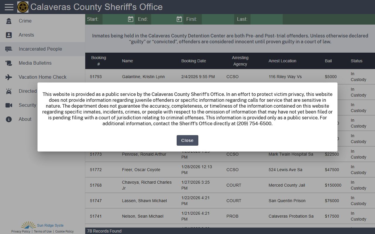 Calaveras County Sheriff CitizenRIMS jail roster page