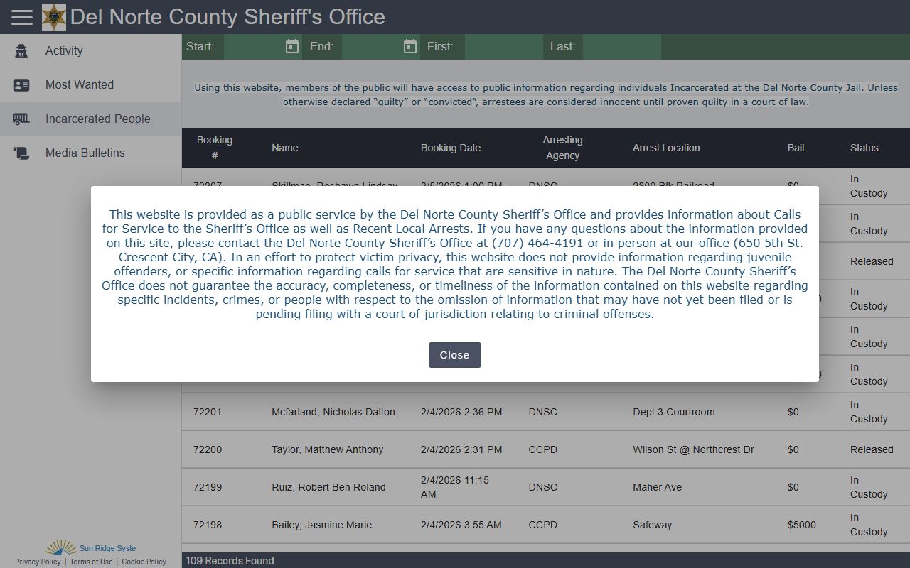 Del Norte County jail roster search portal