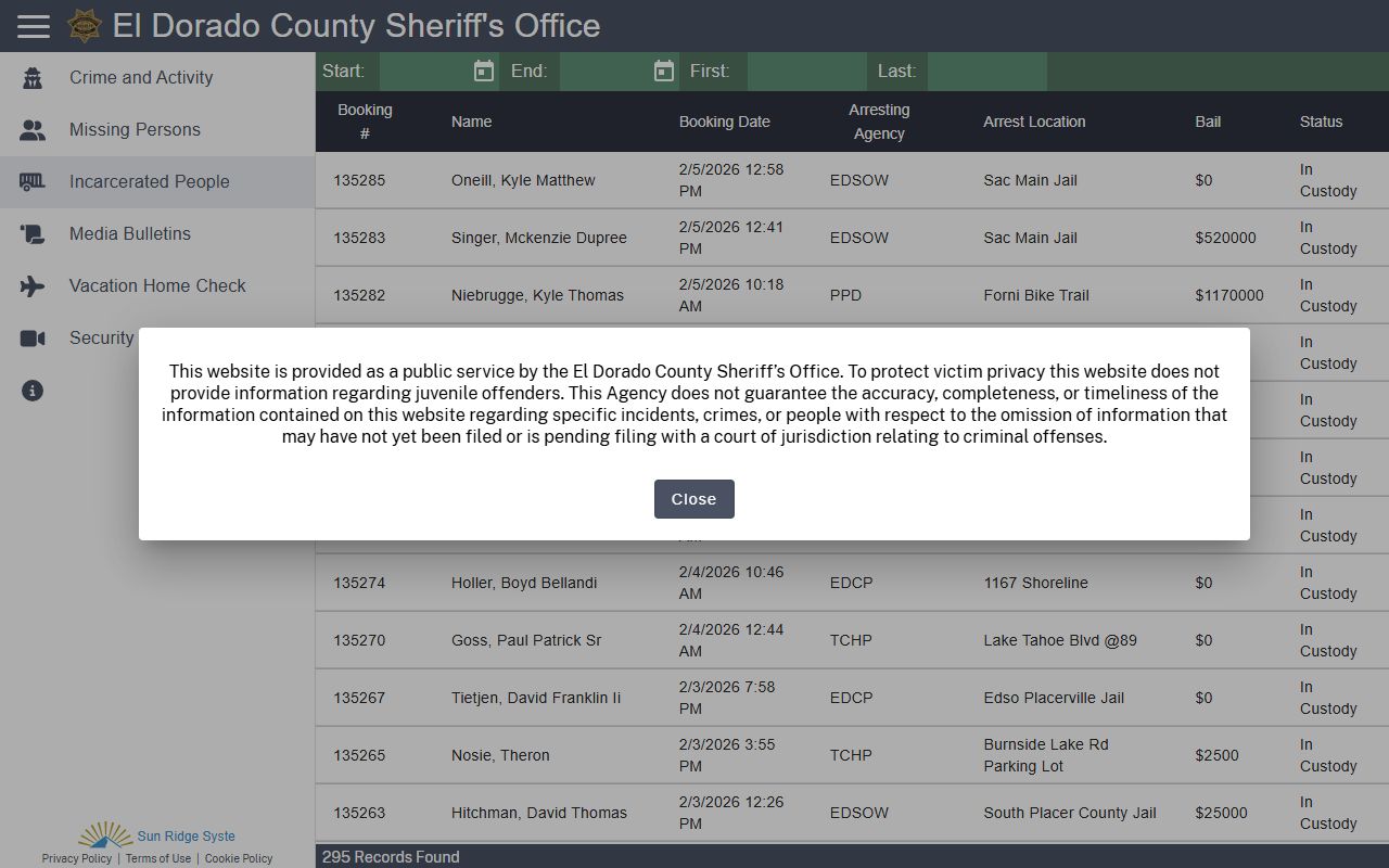 El Dorado County Sheriff CitizenRIMS inmate search portal