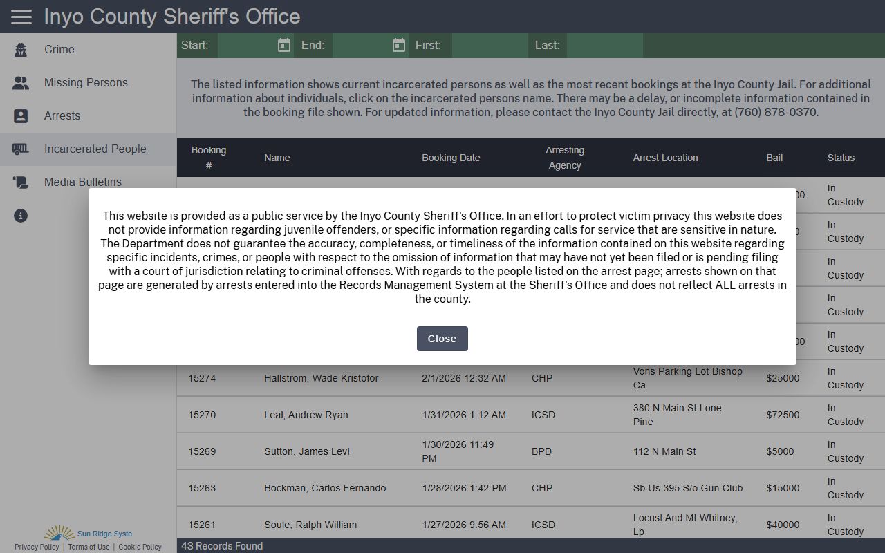 Inyo County Sheriff CitizenRIMS incarcerated people search portal