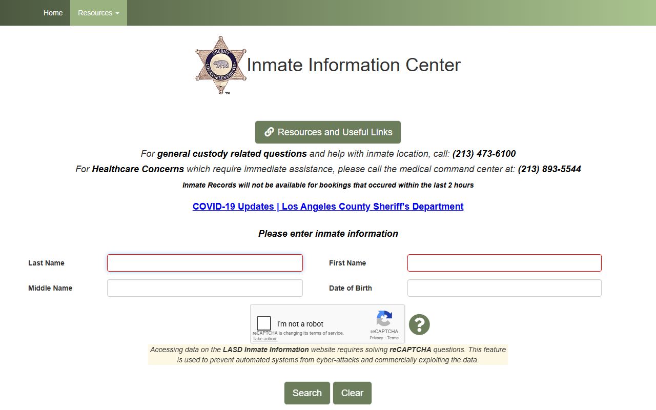 Los Angeles County Sheriff inmate information center