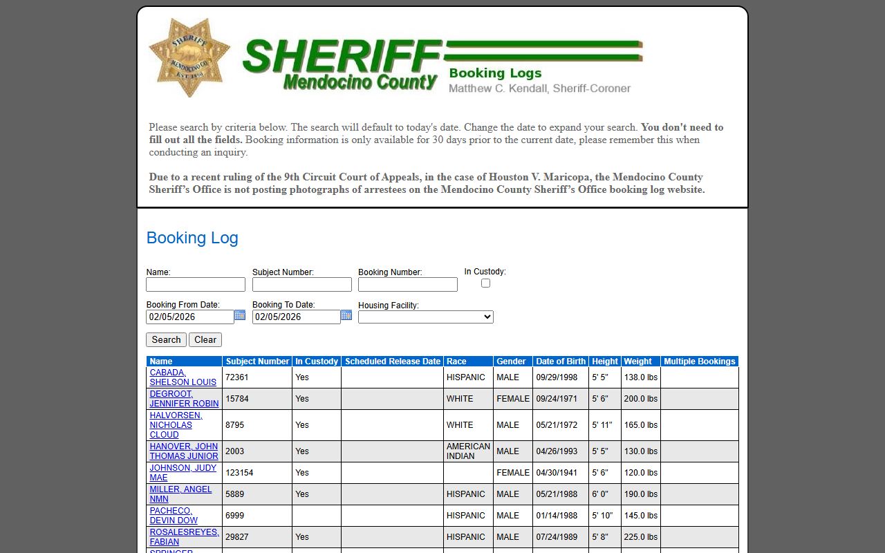 Mendocino County inmate inquiry search page