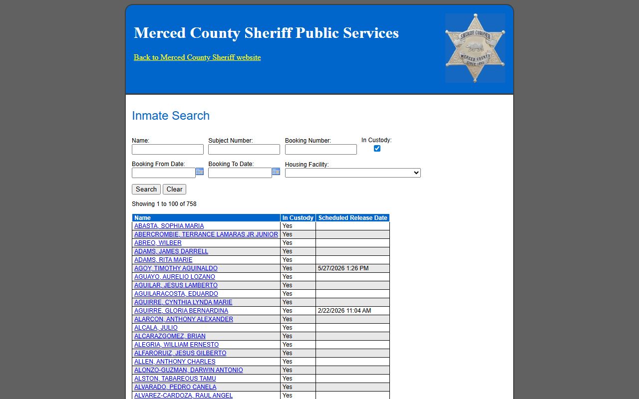 Merced County inmate inquiry search page