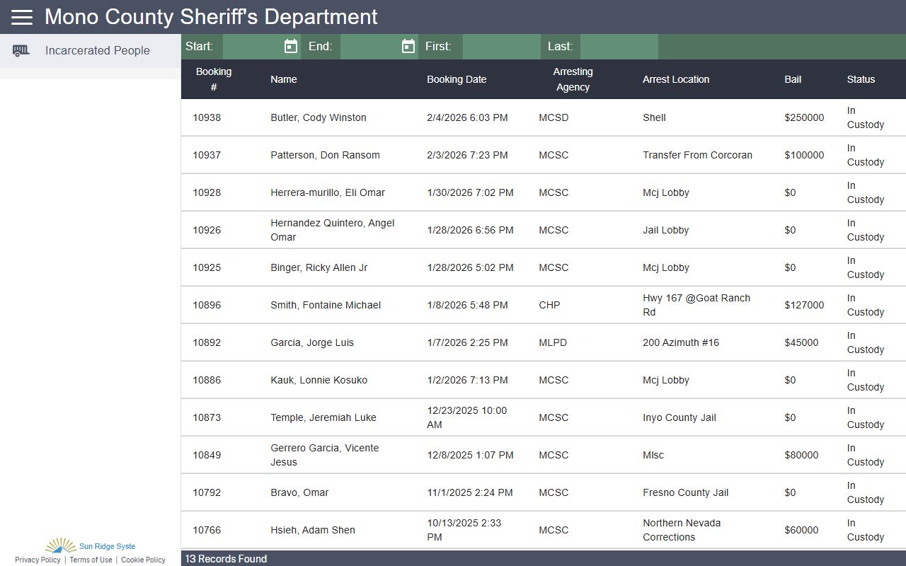 Mono County Sheriff CitizenRIMS search portal homepage