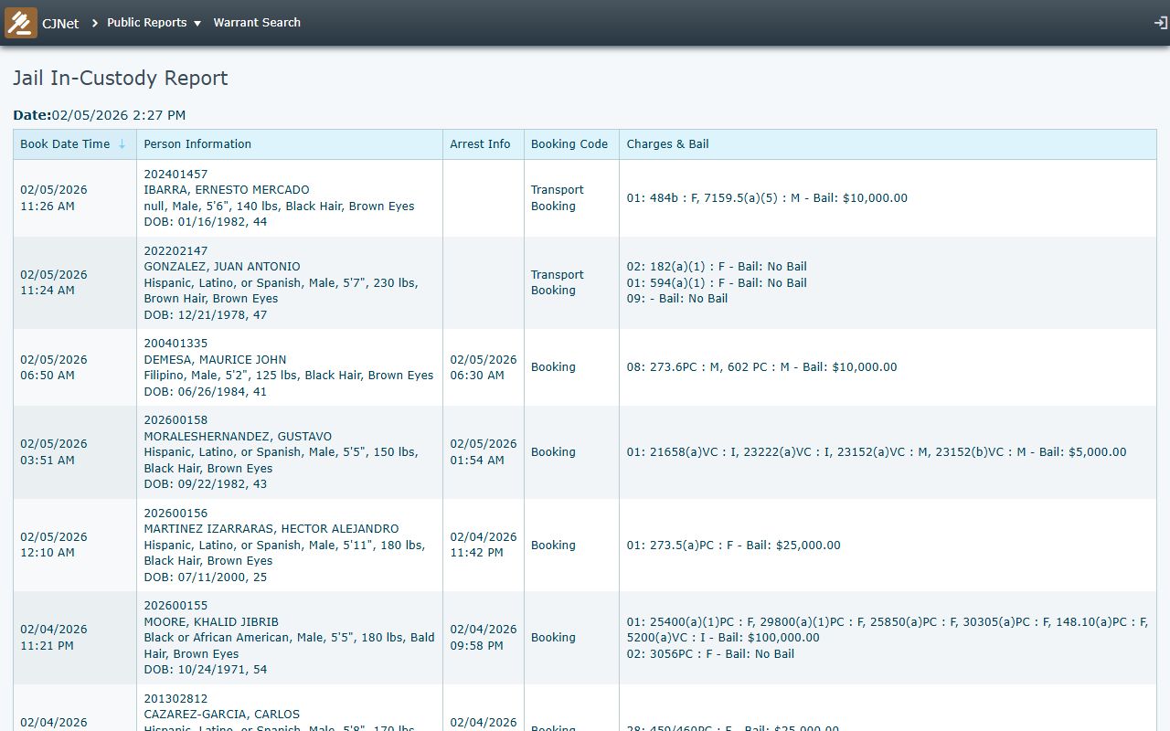 Napa County in custody report search page
