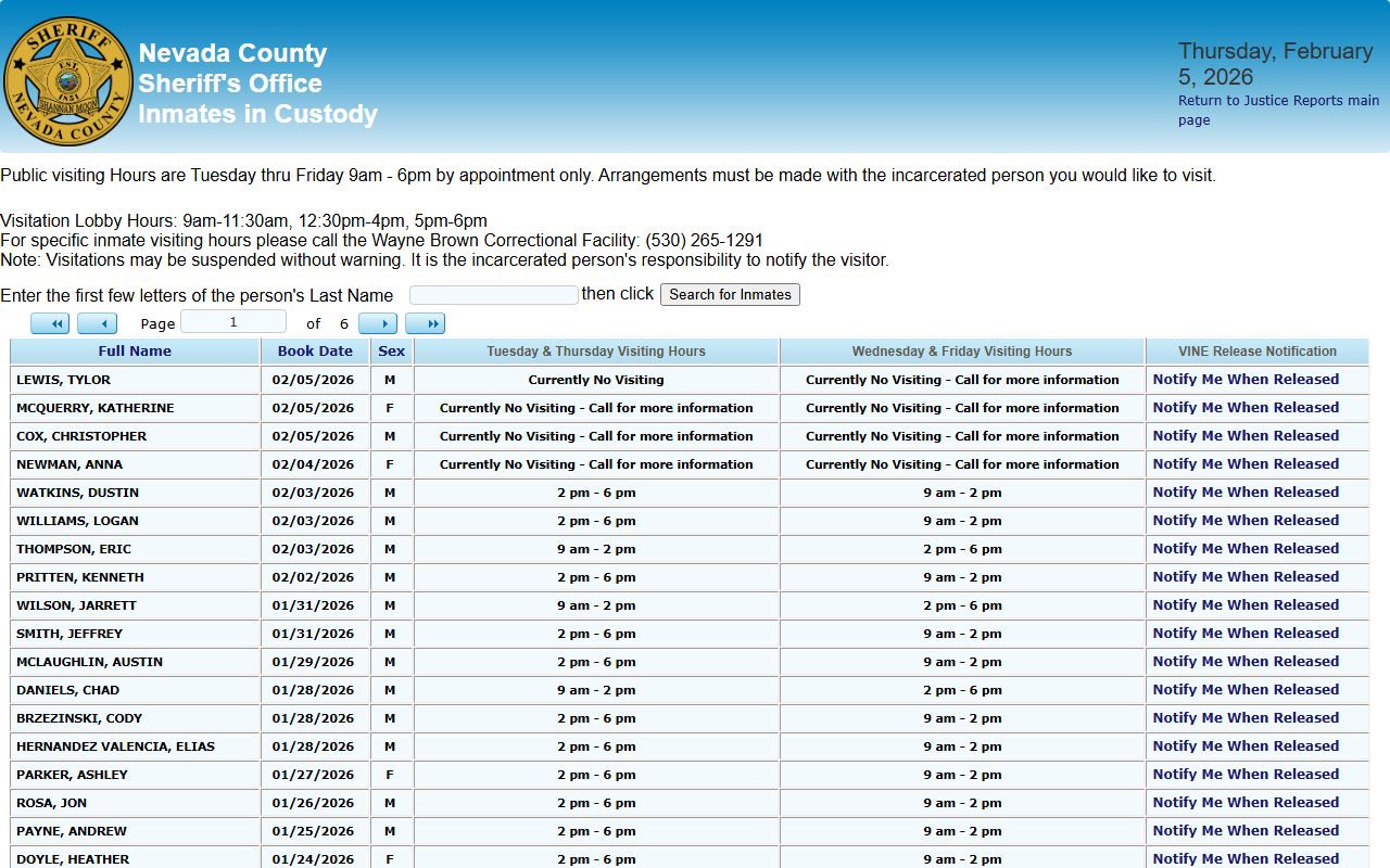 Nevada County Sheriff inmate custody report page