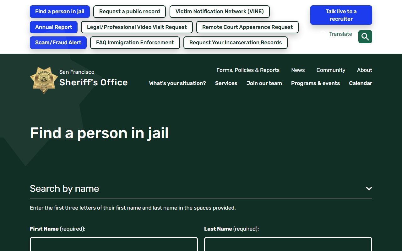 San Francisco Sheriff inmate locator page
