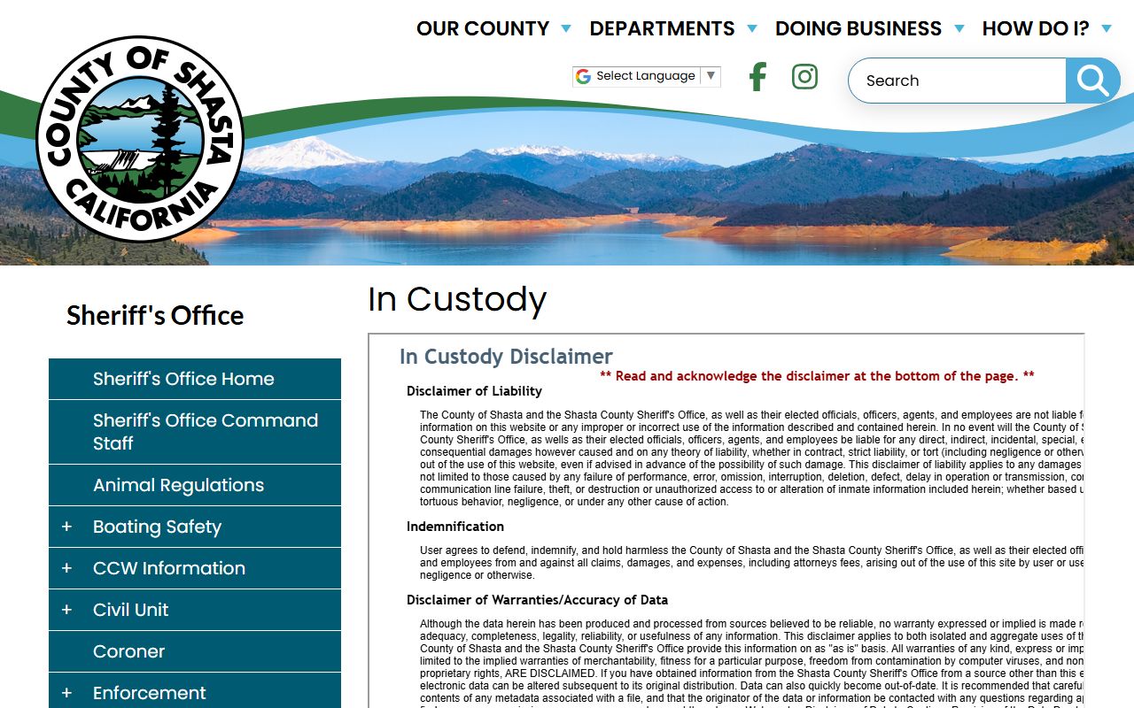 Shasta County Sheriff in custody search page