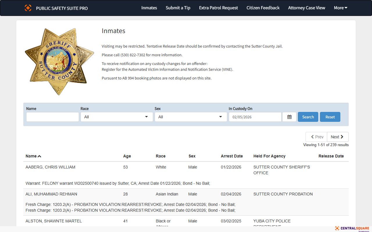 Sutter County Sheriff Zuercher Portal inmate search page