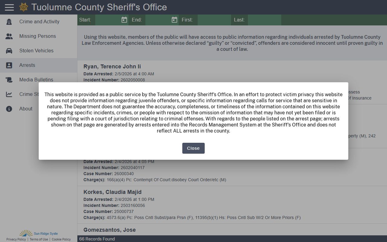 Tuolumne County CitizenRIMS arrest records portal