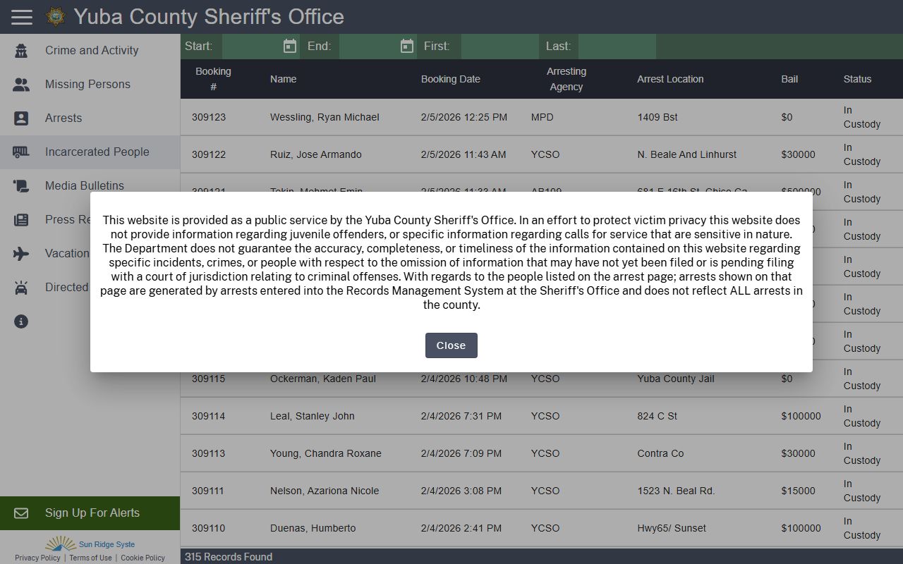 Yuba County Sheriff CitizenRIMS inmate search page