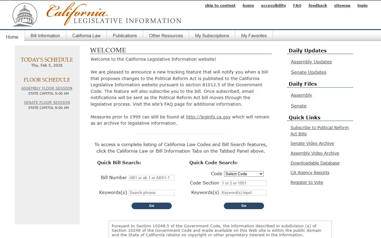 California legislative information website showing state codes