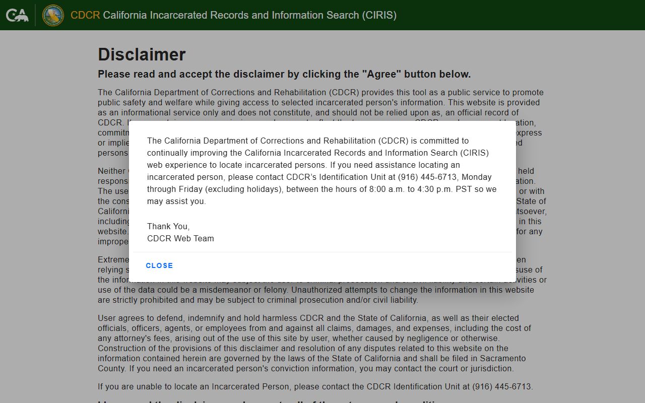 California CDCR inmate locator search page