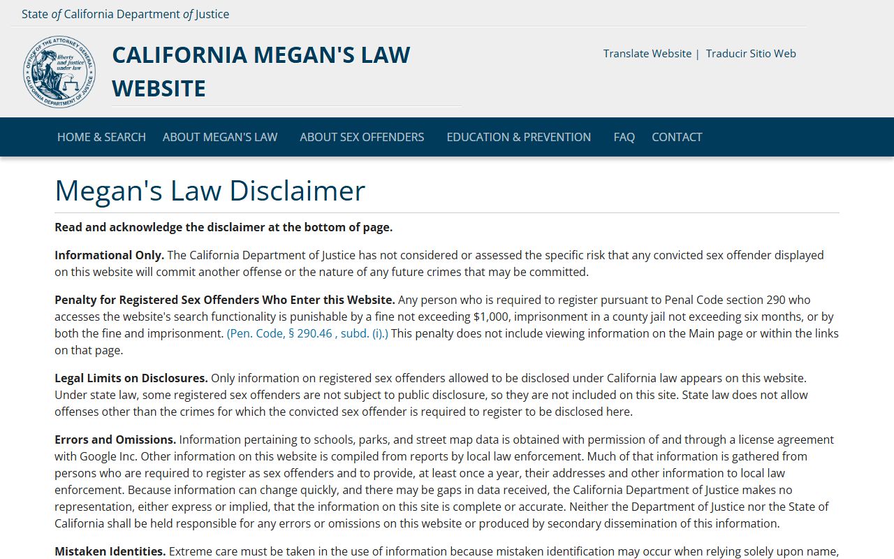 California Megan's Law sex offender registry search page