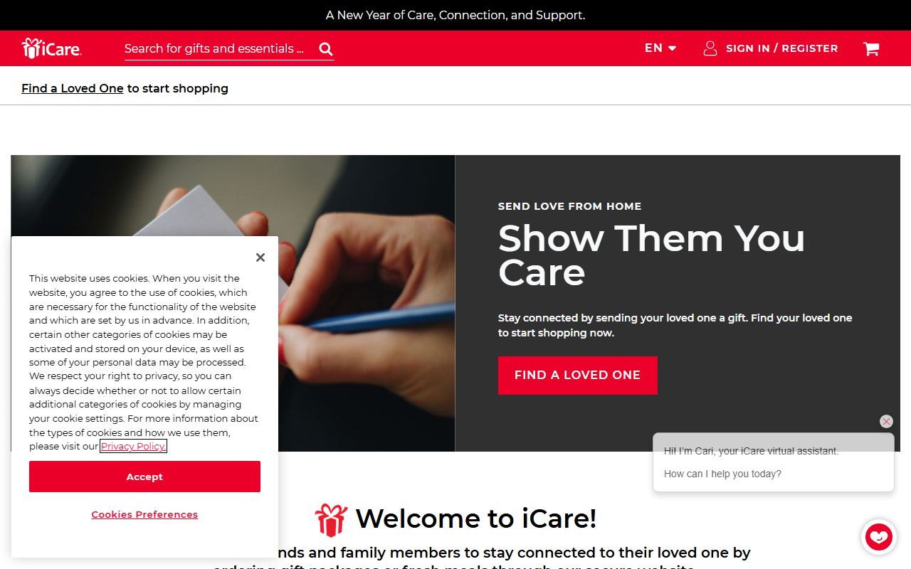 iCare Gifts inmate package service website