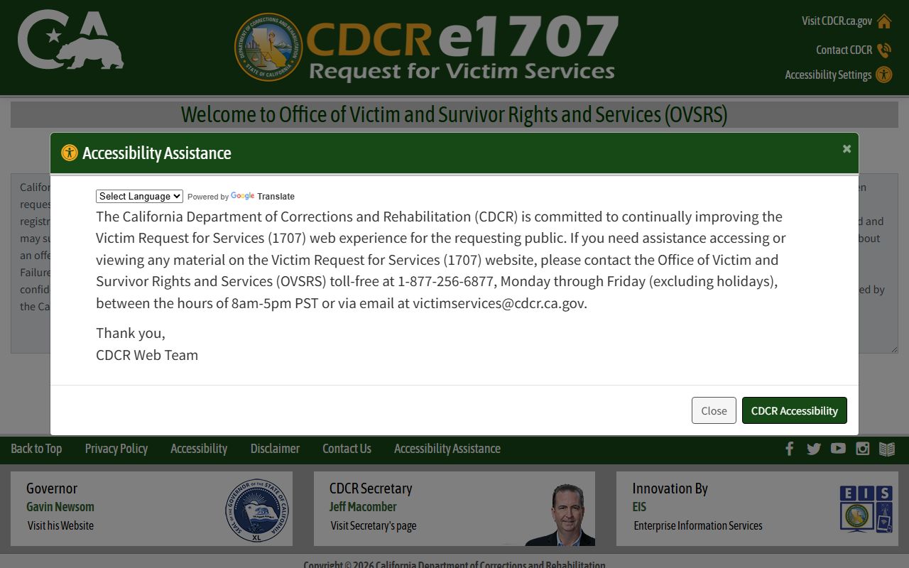 CDCR victim services online registration portal