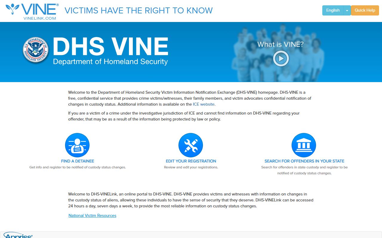 VINE portal homepage for California inmate searches